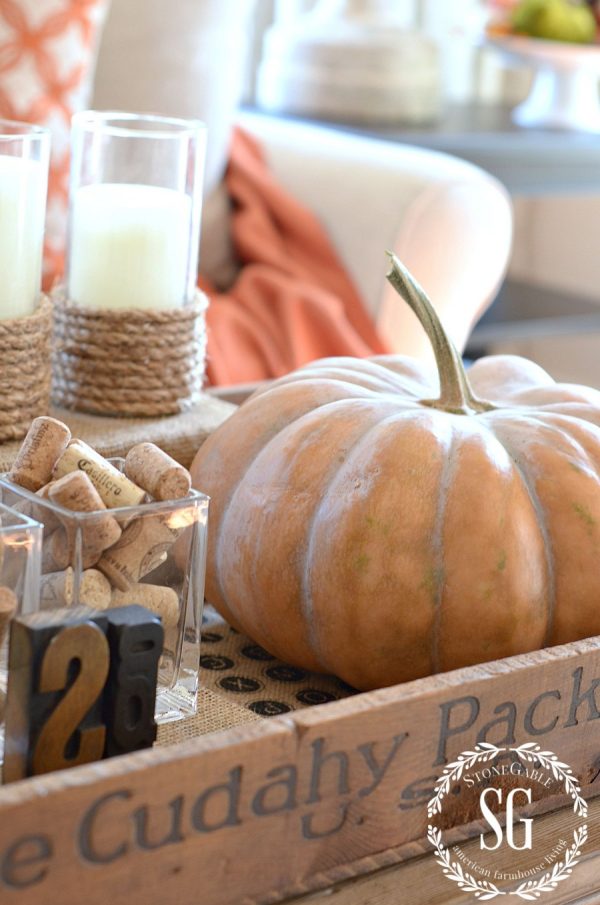 coffee table with a rope-wrapped candle, an orange pumpkin and a container of corks top home decor trends for fall