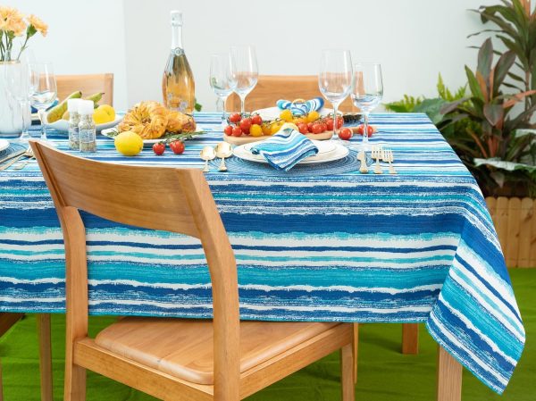 colorful outdoor tablecloth set for dinner