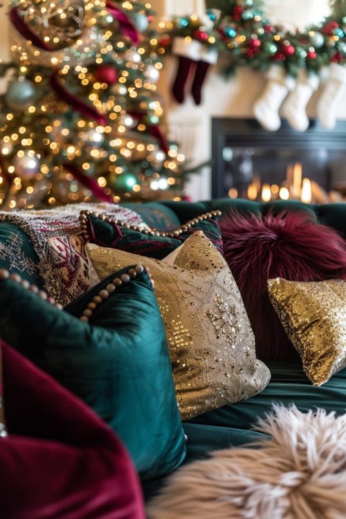 a Christmas living room with green and burgundy velvet pillows on a sofa