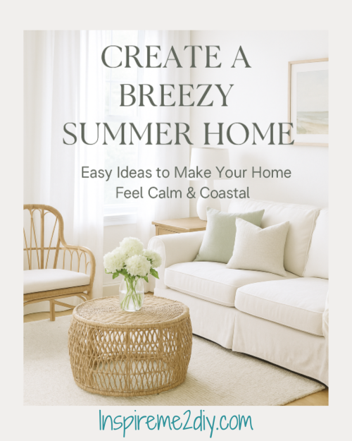 Title page - a white living room with a white, sofa and shear curtains, a rattan coffee table and side chair how to add a relaxing summertime vibe to your home