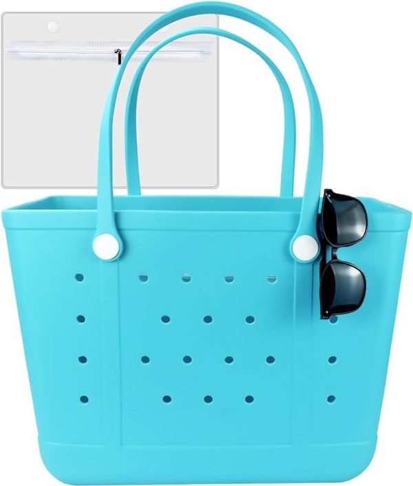 blue plastic tote with black sunglasses everything you need for a day at the beach