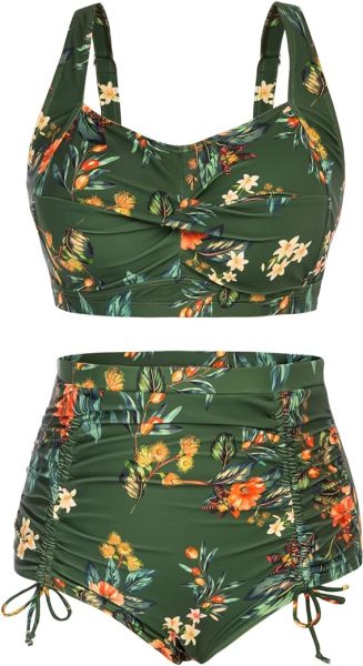 green flowered 2 piece bathing suit everything you need for a day at the beach