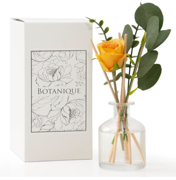 a white box of Botanix room scent and a glass vase with faux flowers