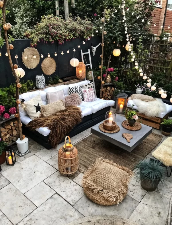 a patio with string lights and cushioned furniture