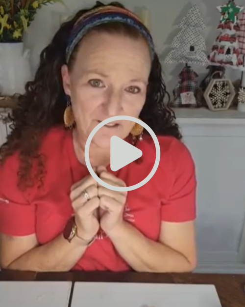 a girl in a red tee sitting at a table speaking to the camera