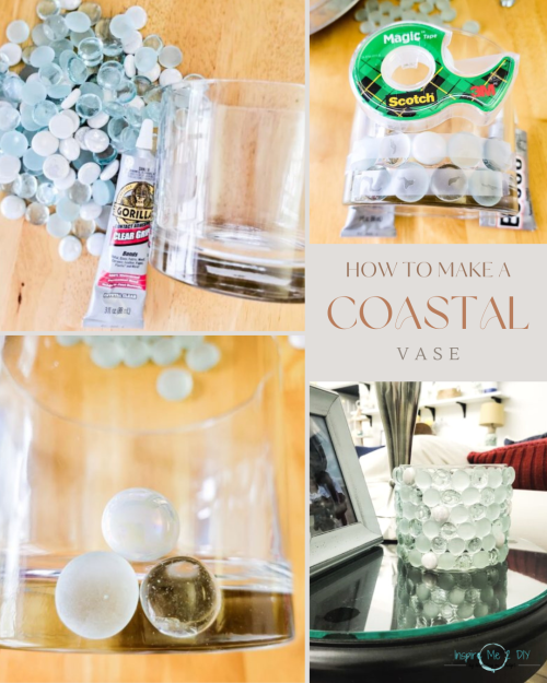 collage of 4 photos of coastal glass beads into vases craft project