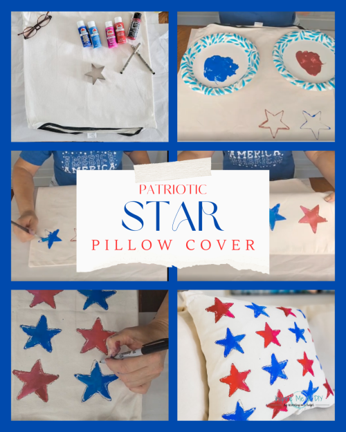 collage of 6 photos of a patriotic star pillow cover craft project