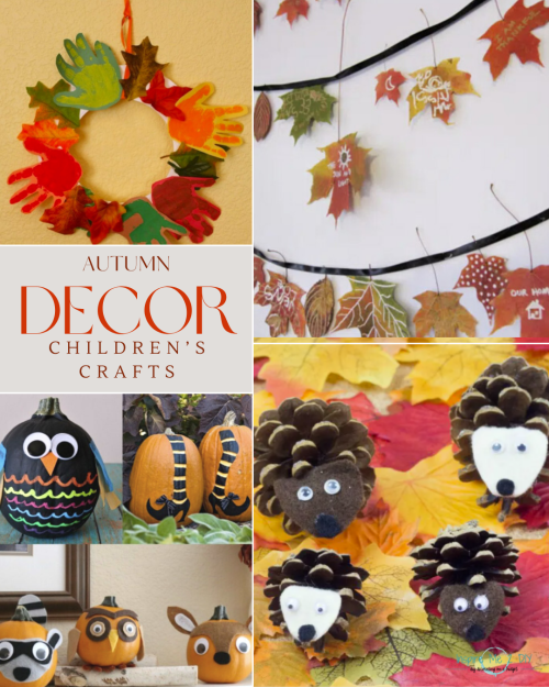 collage of 4 photos of fall decor with children's crafts