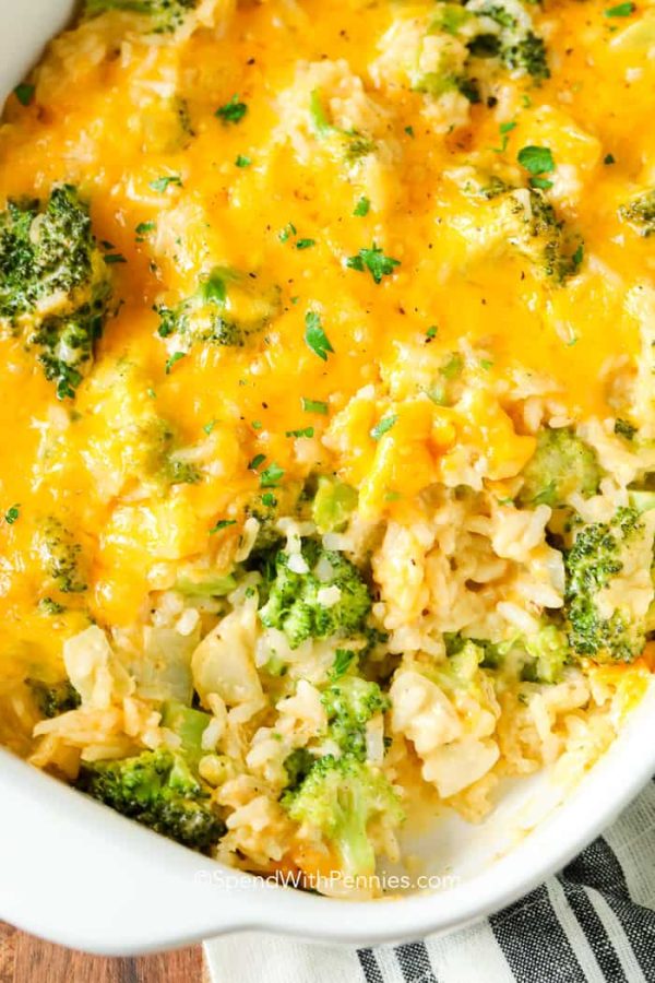 a dish of cheesy rice casserole great dishes for a fall potluck