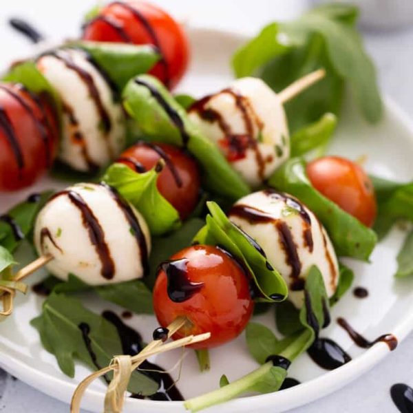 caprese skewers on a plate