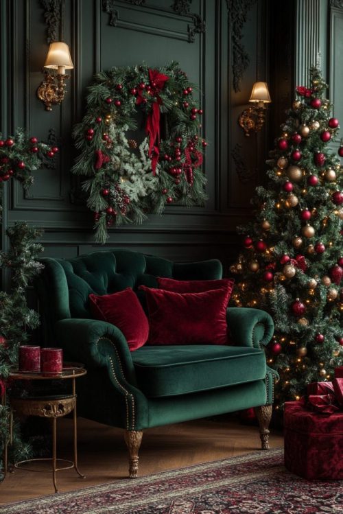 a dark green room with a matching green velvet sofa with red velvet pillows. a giant wreath on the wall and a Christmas tree