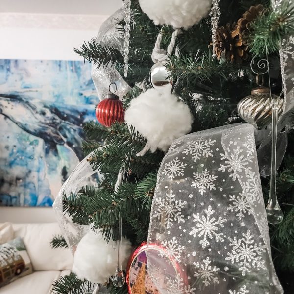 a close up of a Christmas tree with red and white ornaments a beautifully decorated Christmas home