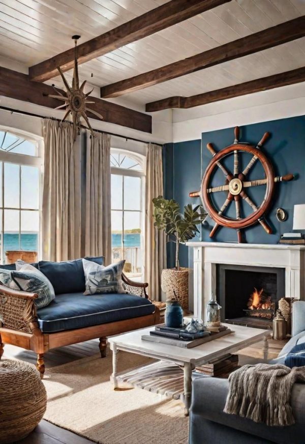 blue living room with a large ship's wheel over the fireplace how to have a chic beach home