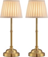 two gold lamps with fabric shades blue and white vintage living