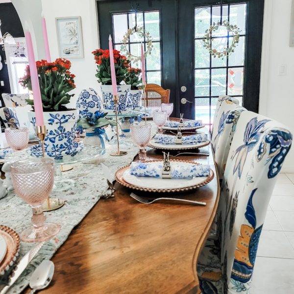 dining room table set with blue and white decor my Easter home tour