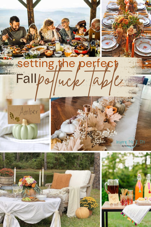 collage of 6 photos of fall potluck table