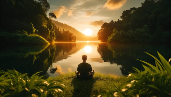 a person overlooking a lake at sunset