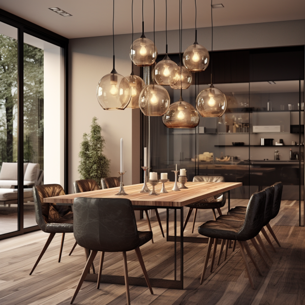 dining room with multiple glass globe pendant lights over the table