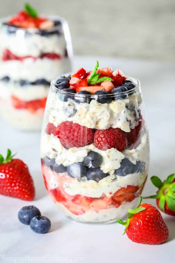 a glass jay of fruit and yogurt