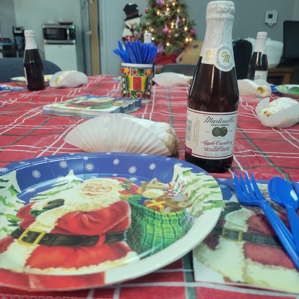 Santa Claus paper plate with apple drink on plaid tablecloth