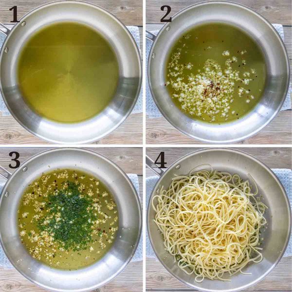 4 pans with olive oil showing adding garlic and pasta make dinner when your fridge is running low