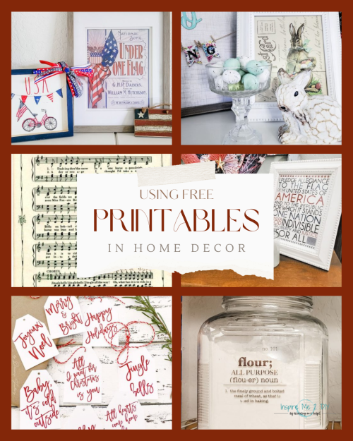 collage of 6 photos of free printables in home decor