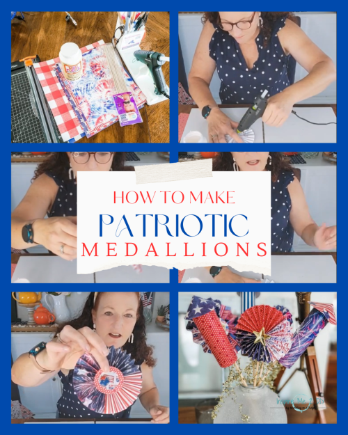 collage of 6 photos of a patriotic paper medallion craft project