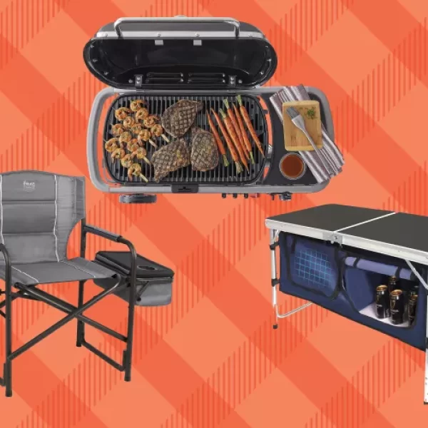 picture of a camp chair, barbeque grill and camp table for tailgating