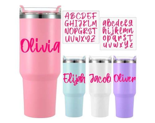 a set of four tumblers with name decals on each one