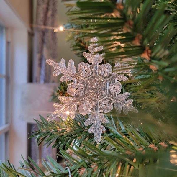 Plastic snowflake ornament on a Christmas tree