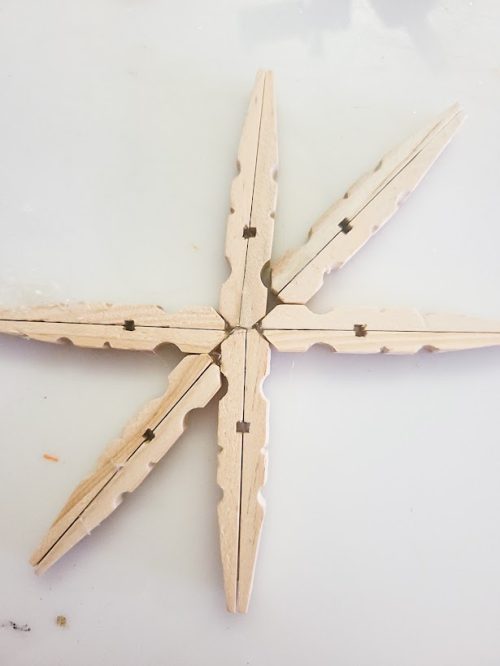 Snowflake-clothespin-Christmas-ornament-DIY-glueing-progression