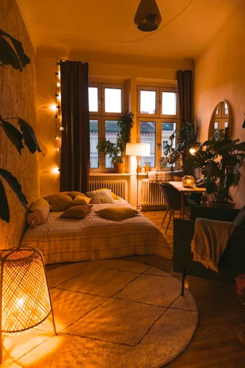 cozy bedroom with warm lighting