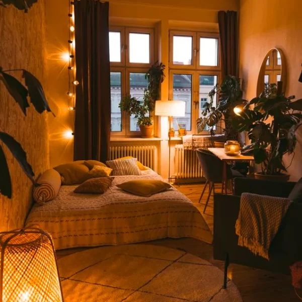 cozy bedroom with warm lighting