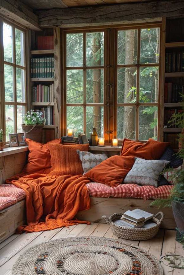 fall corner nook with a red blanket, many pillows and large windows embrace fall vintage style