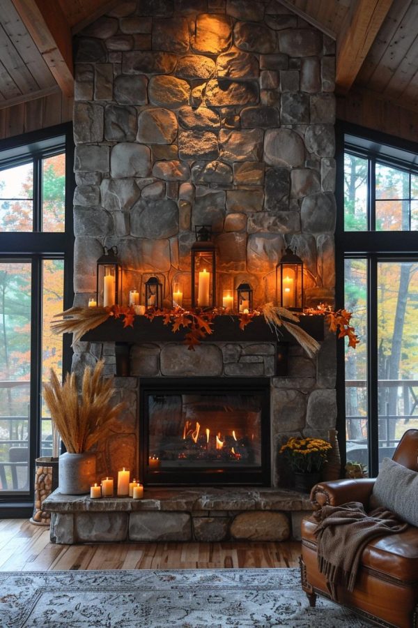 fireplace decorated for fall with lanterns and candles