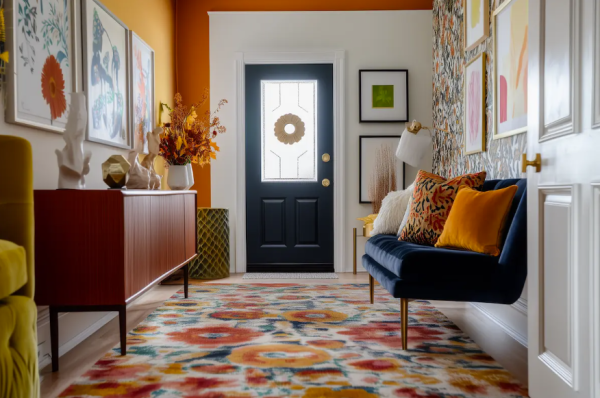 entryway with flowered area rug, orange walls, and a velvet bench