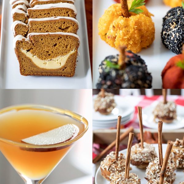 a collage of fall comfort foods with apple martini, pumpkin bread, mini cheeseball pumpkins and mini caramel apples