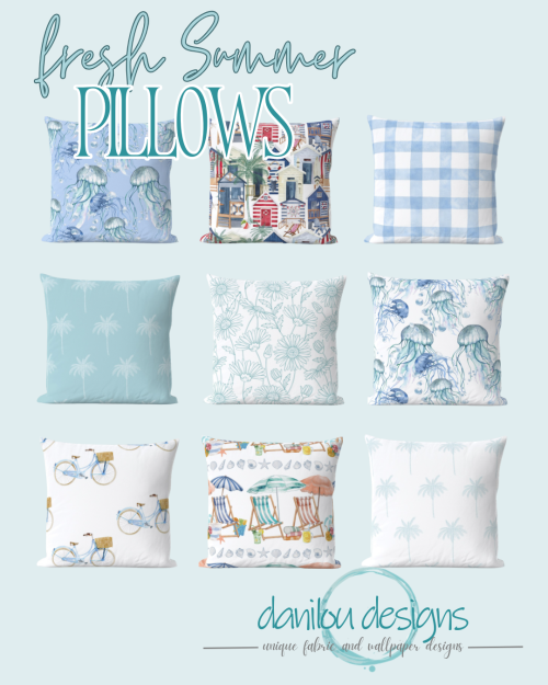 Nine different patterned pillows o a blue background by danilou designs