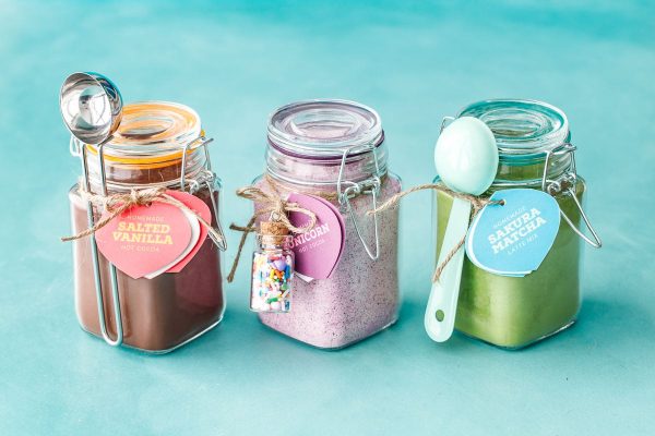 a set of 3 gift jars with warm drink mixes