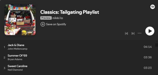 a menu listing a game day playlist