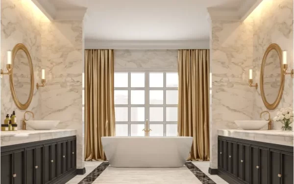 white bathroom with large tub and window