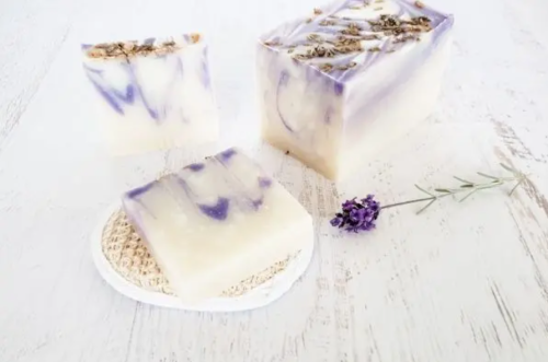 a cake of homemade lavender soap