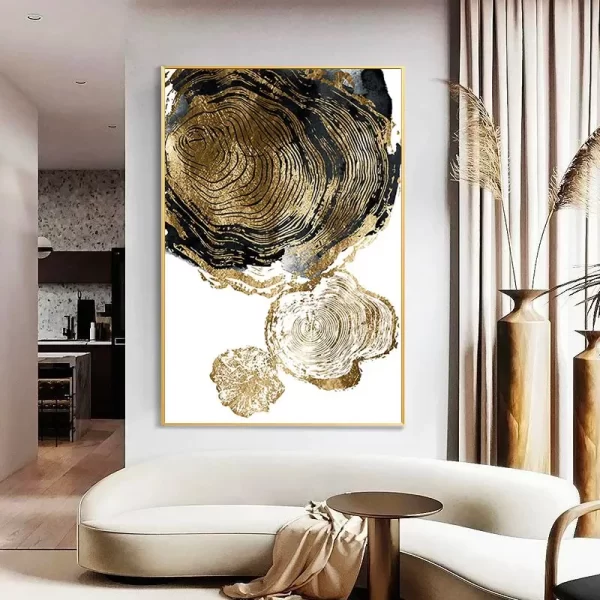 large black and gold painting on a living room wall