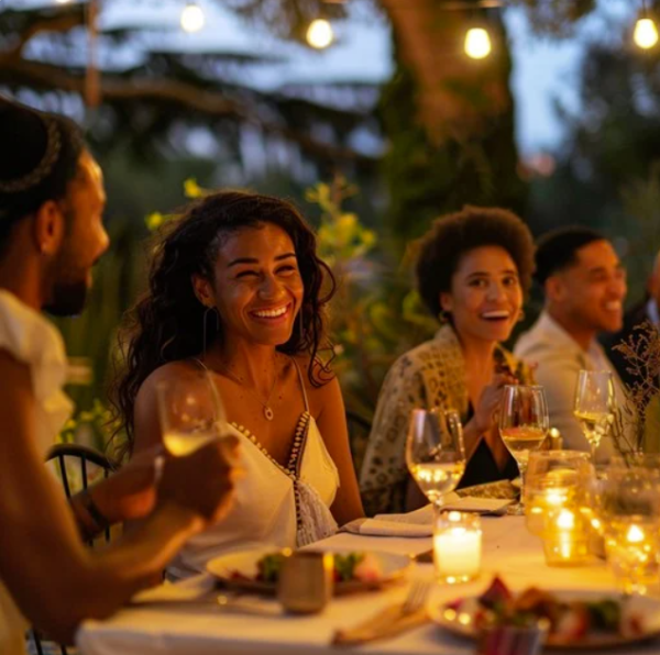 Adults have a great time laughing at an outdoor dinner party with string lights great conversation starters for your next party