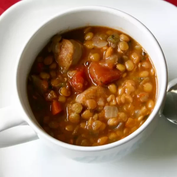 cup of sausage and lentil soup