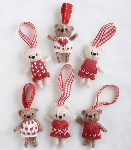 a set of 6 knitted tiny bear ornaments