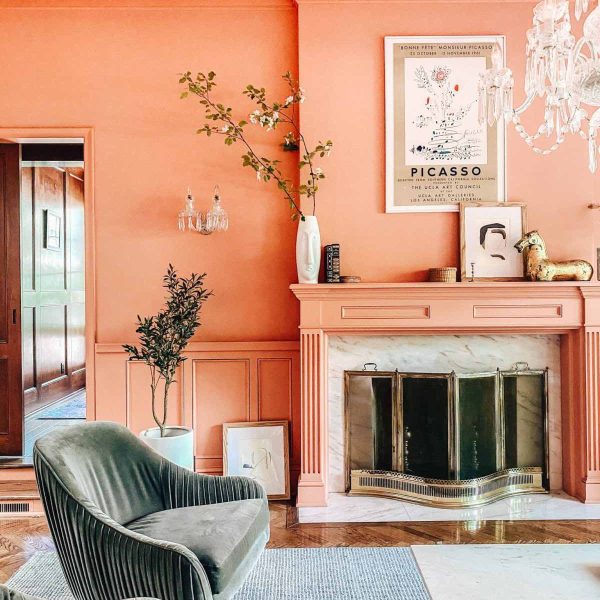 all peach living room with fireplace