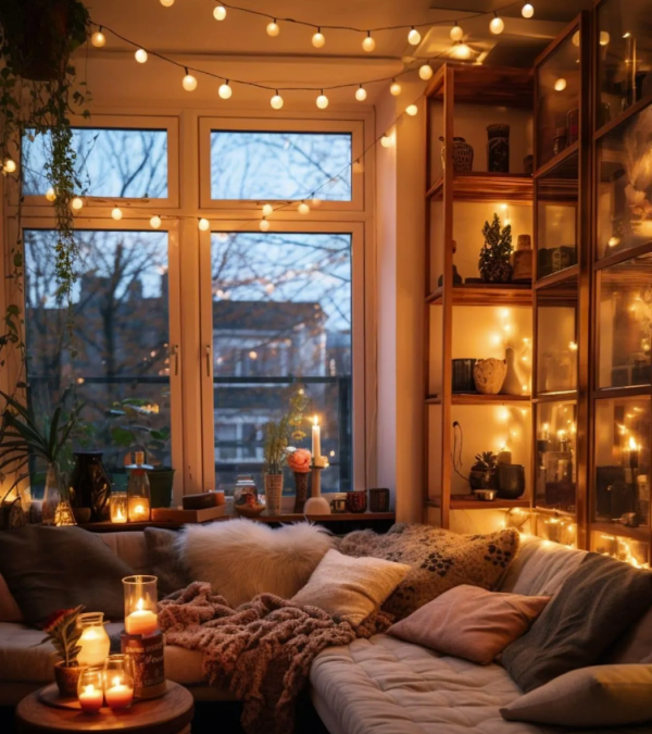 a cozy living room with large windows and string light on the ceiling draping down the wall