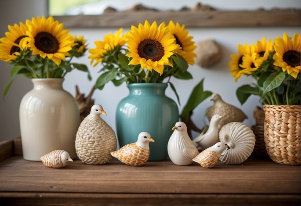 sunflowers in blue vases and birds made out of seashells on a wooden fireplace mantel fireplace mantel summer decor