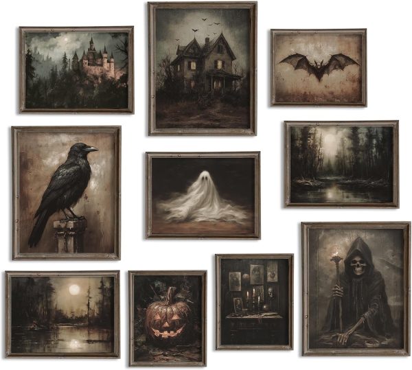 elegant halloween art gallery wall in black and white and sepia tones